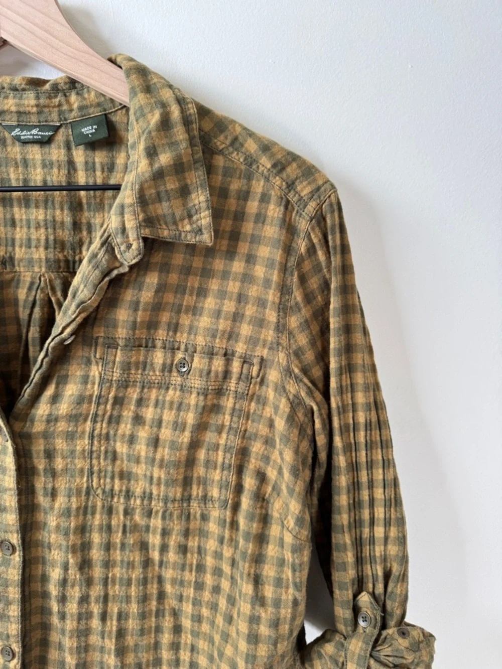 Eddie Bauer Olive Green Gingham Button-Up Shirt - Picture 5 of 8